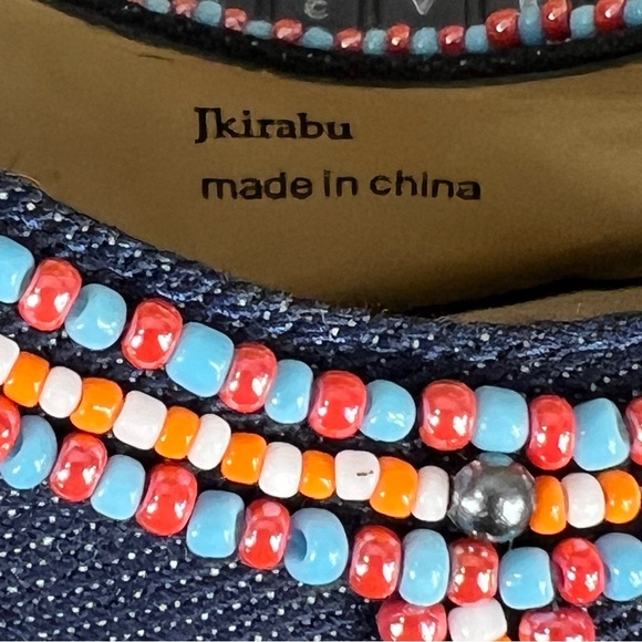 Jessica Bennett Jkirabu Beaded Denim Peep Toe Wedge Heels Beaded Wooden Platform - Picture 12 of 13